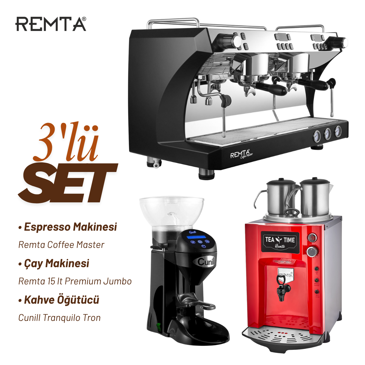 Remta 3'lü Set - Coffee Master Profesyonel Otomatik Espresso Kahve Makinesi + Premium Jumbo Çay Makinesi + Cunil Kahve Öğütücü - CRM3120C