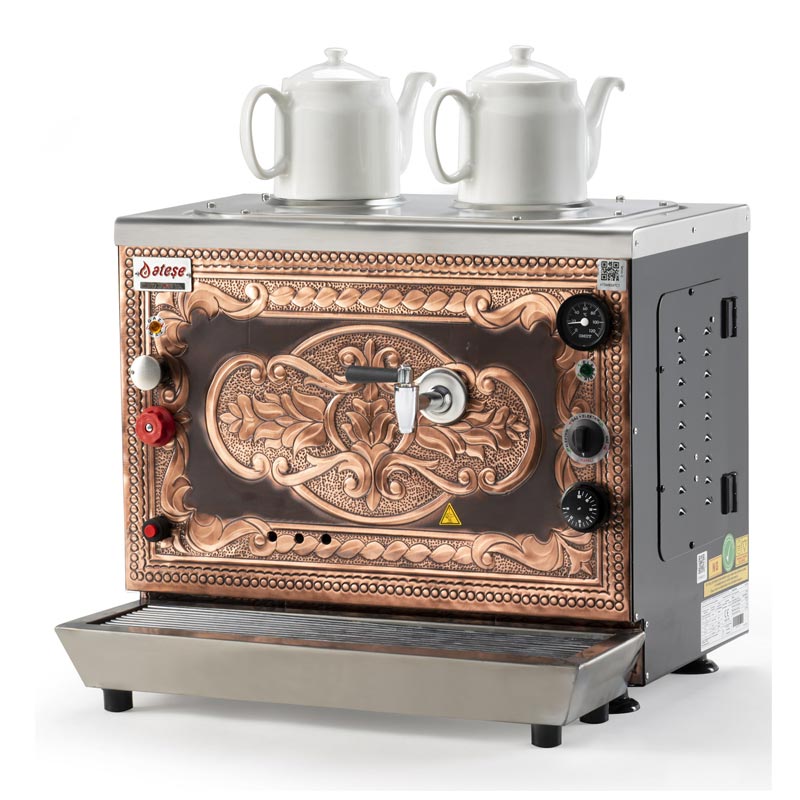 Ateşe Sümela Analog 2 Demlikli Çay Kazanı, Gaz+Elektrikli, Bakır