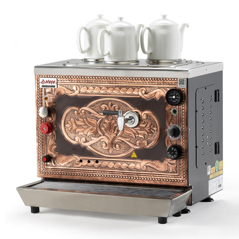 Ateşe Sümela Analog 3 Demlikli Çay Kazanı, Gaz+Elektrikli, Bakır