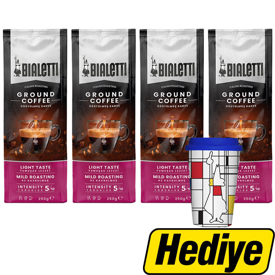 Bialetti Delicato Öğütülmüş Filtre Kahve 250 g x 4 Paket + Porselen Take Away Mug Kapaklı Hediye