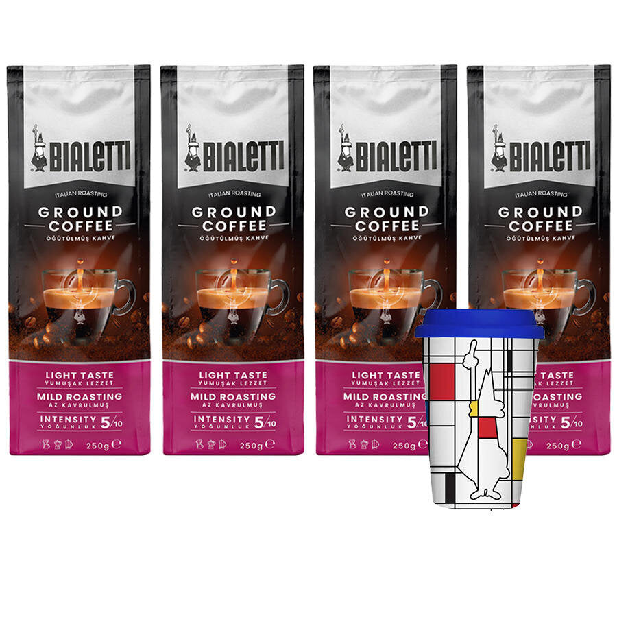 Bialetti Delicato Öğütülmüş Filtre Kahve 250 g x 4 Paket + Porselen Take Away Mug Kapaklı Hediye