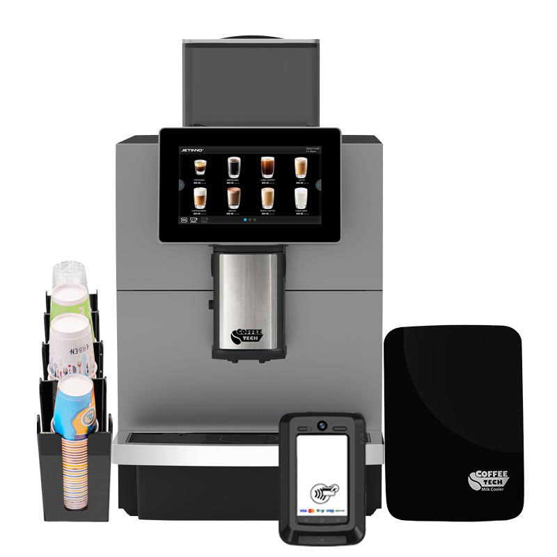 Coffeetech JL30 Ödeme Sistemli Tam Otomatik Kahve Makinesi, Iceberg Süt Soğutucu ve Karton Bardak Standı Hediyeli