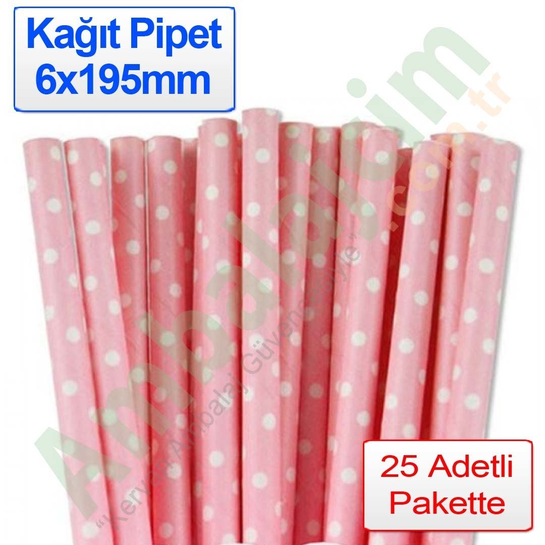 Pipet Kağıt 6x195mm Puantiyeli  25 Adetli Pembe Üzeri Beyaz Puantiye