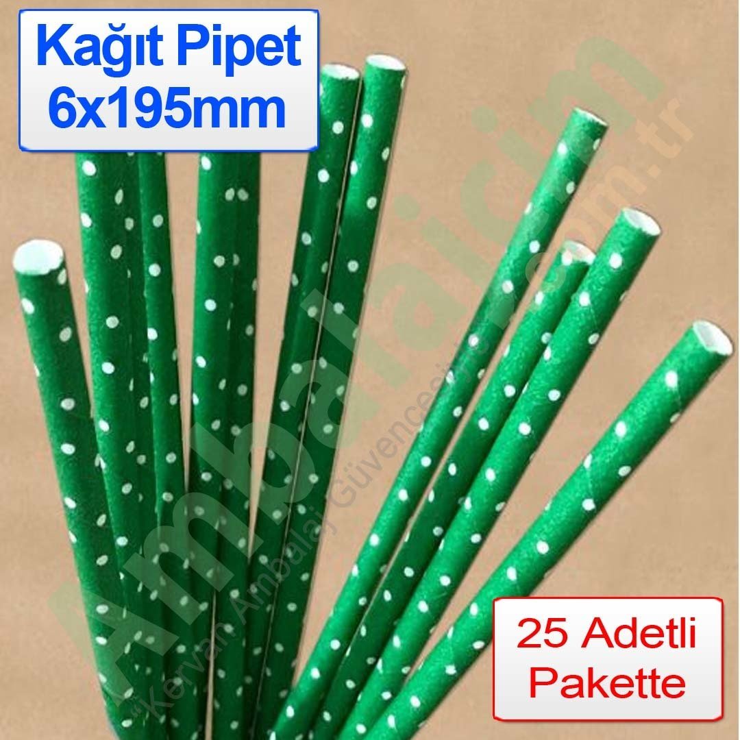 Pipet Kağıt 6x195mm Puantiyeli  25 Adetli Yeşil Üzeri Beyaz Puantiye