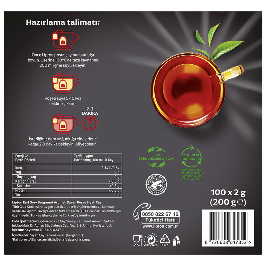 Lipton Earl Grey Bardak Poşet Çay 100'lü
