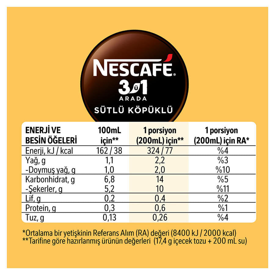 Nescafe 3'ü 1 Arada Sütlü Köpüklü 17,5 gr 72'li