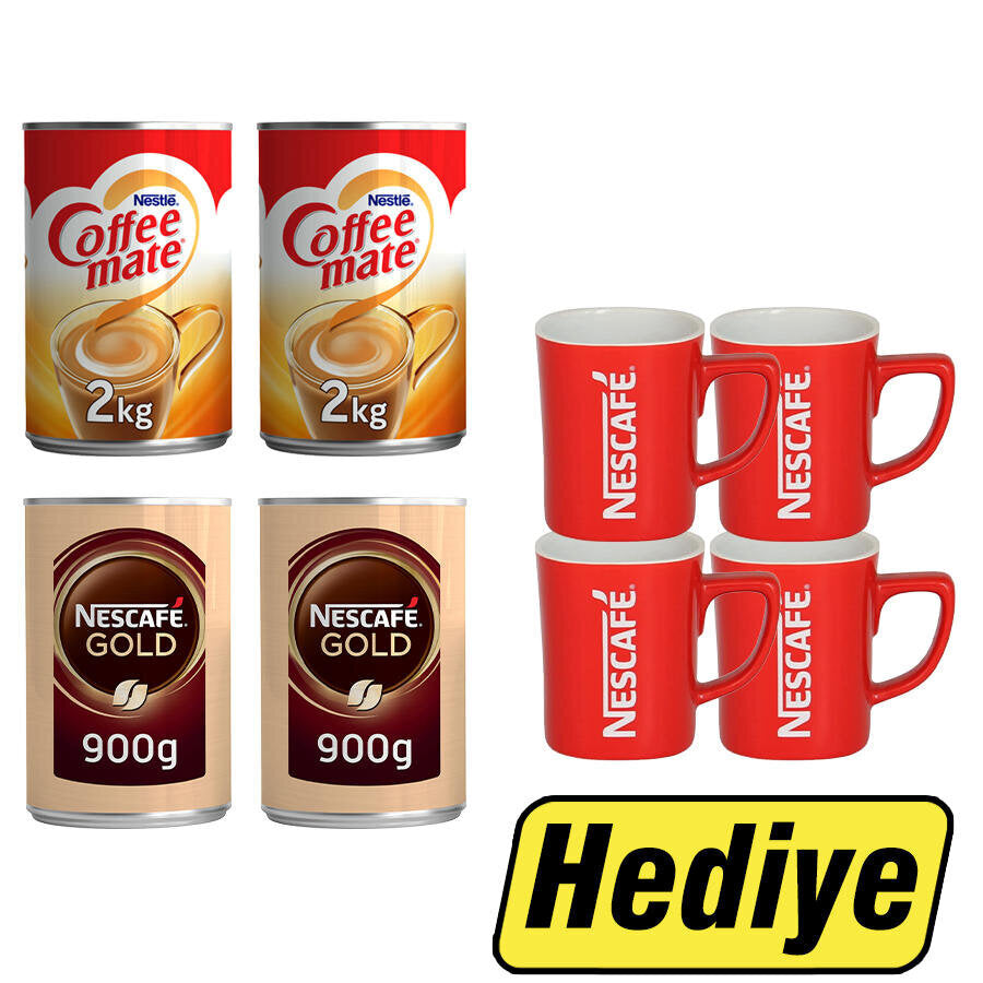 Nestle Coffee Mate Kahve Beyazlatıcı 2 kg 2 Adet + Nescafe Gold Kahve Teneke Kutu 900 gr 2 Adet + Nescafe Kupa 4'lü Hediye