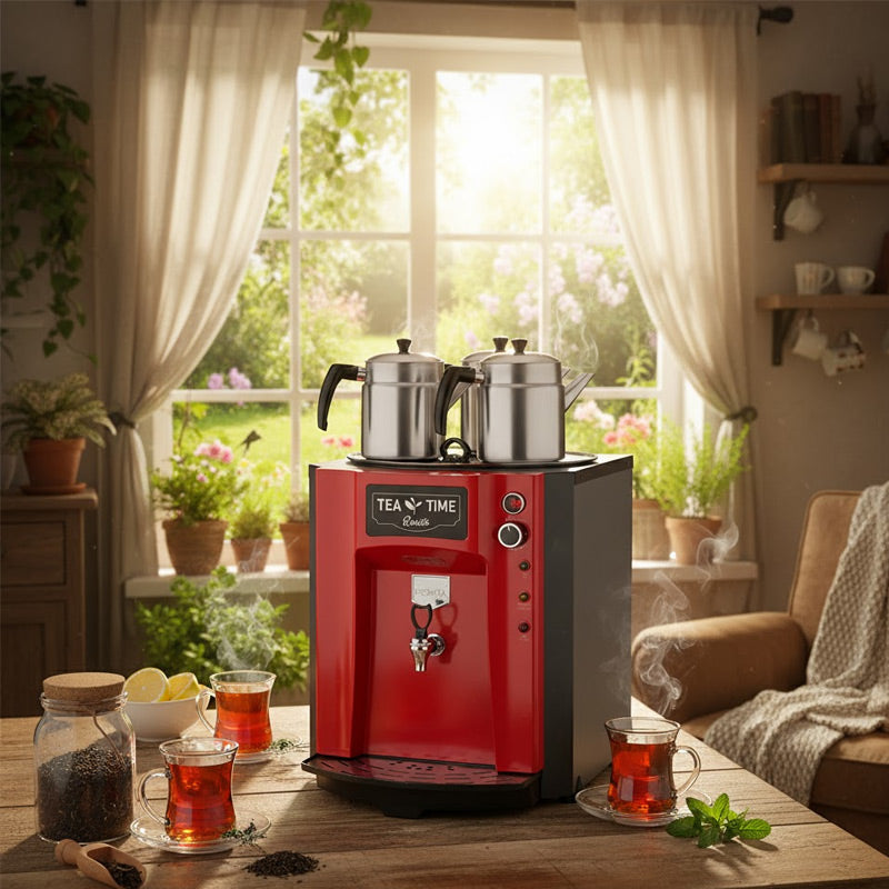 Remta DE10P Premium Jumbo Çay Makinesi, 3 Demlikli, 40 L, Elektrikli, Kırmızı