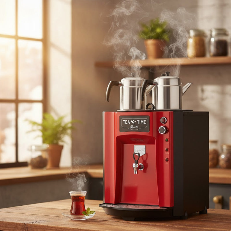 Remta DE10SP Premium Jumbo Şamandıralı Çay Makinesi, 3 Demlikli, 40 L, Elektrikli, Kırmızı