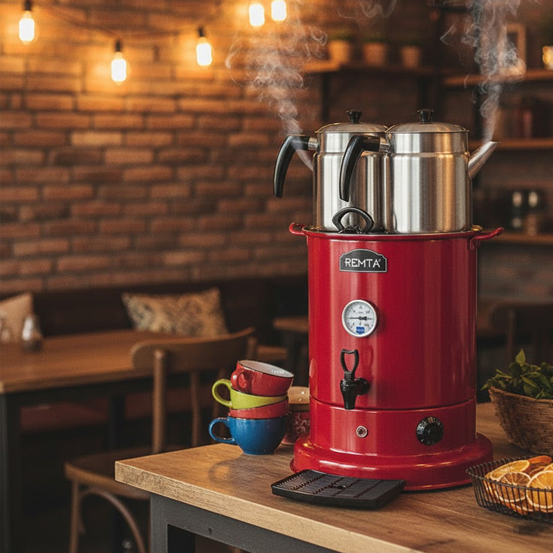 Remta EL10 Elite Çay Makinesi, 3 Demlikli, 28 L, Elektrikli, Kırmızı