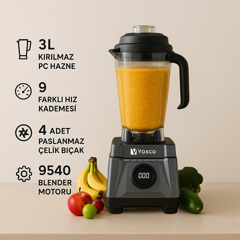 Vosco VHS-602C Dijital Pro Bar Blender, 3 L, 1600 W, Gri